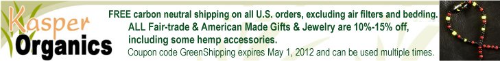 10-15% off all fair trade jewelry, including some hemp accessories, expires May 1st, 2012, coupon code GreenShipping